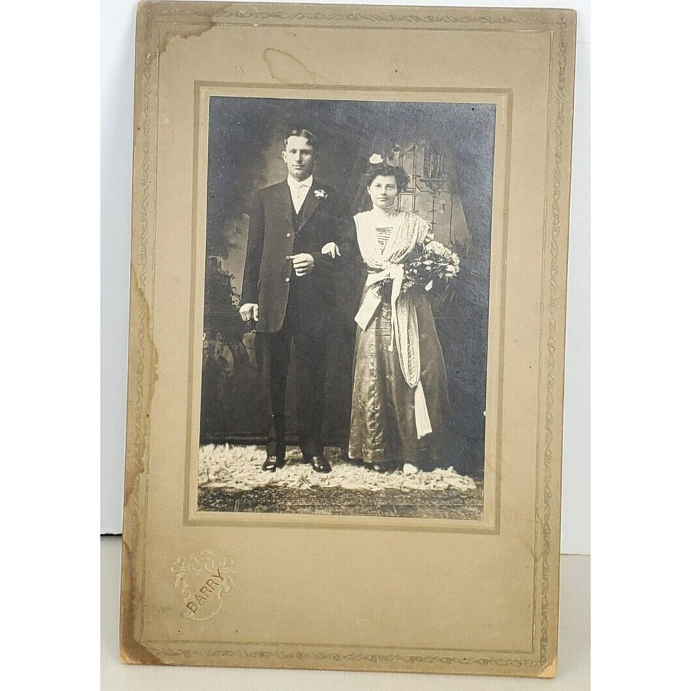 Antique Cabinet Card Picture Wedding Photo Man Woman Barry Photographer LTDamage